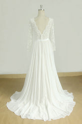 Glamorous A-line White Chiffon Wedding Dress Longsleeves Jewel Bridal Gowns On Sale-27dress